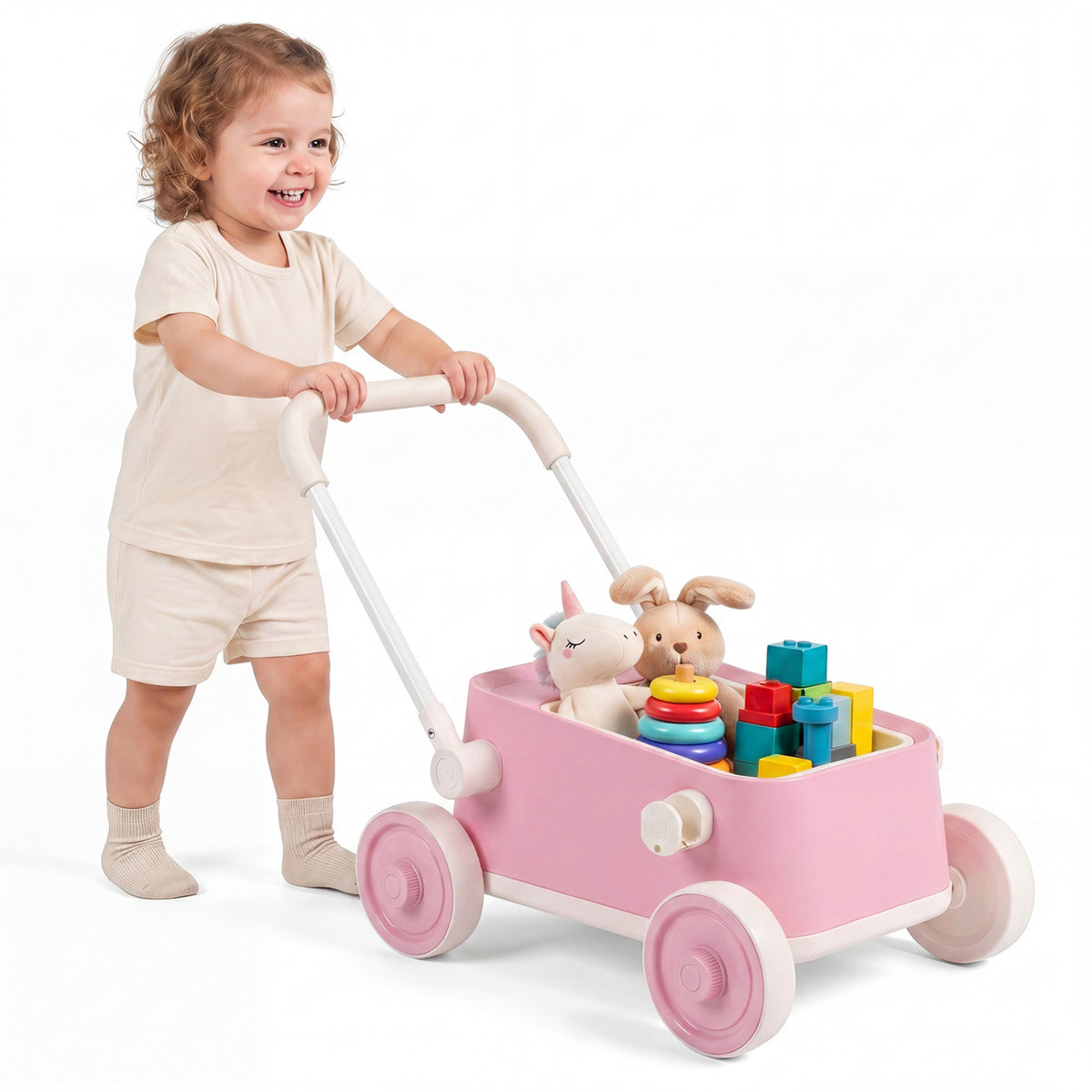 Baby Push Walker with Wheels and Foldable Handlebar and Storage Basket-Pink