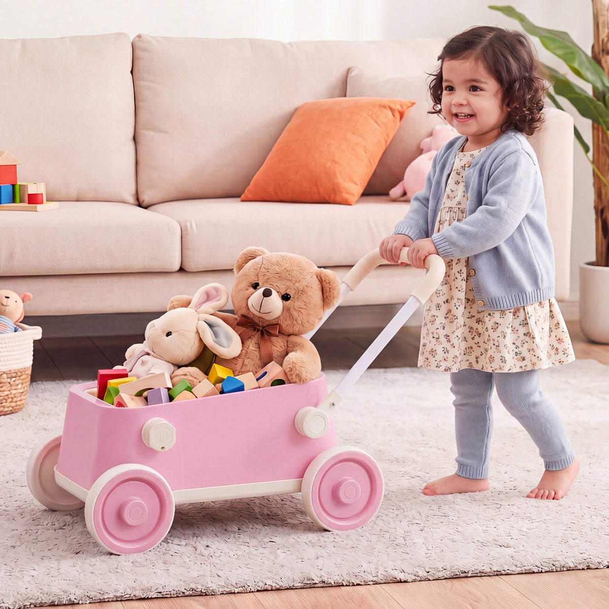 Baby Push Walker with Wheels and Foldable Handlebar and Storage Basket-Pink