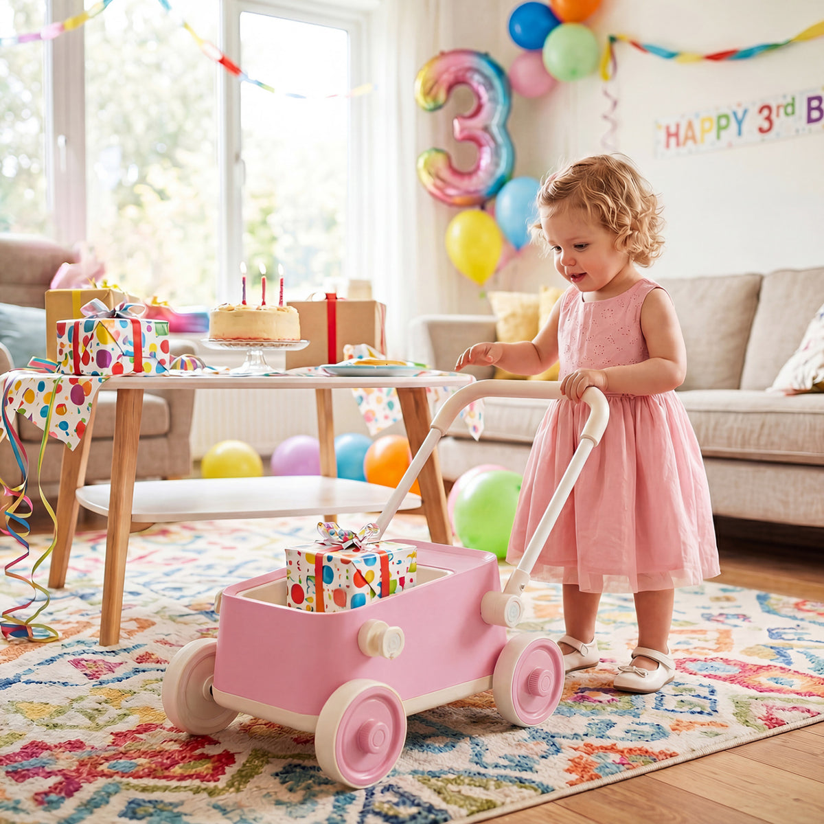 Baby Push Walker with Wheels and Foldable Handlebar and Storage Basket-Pink