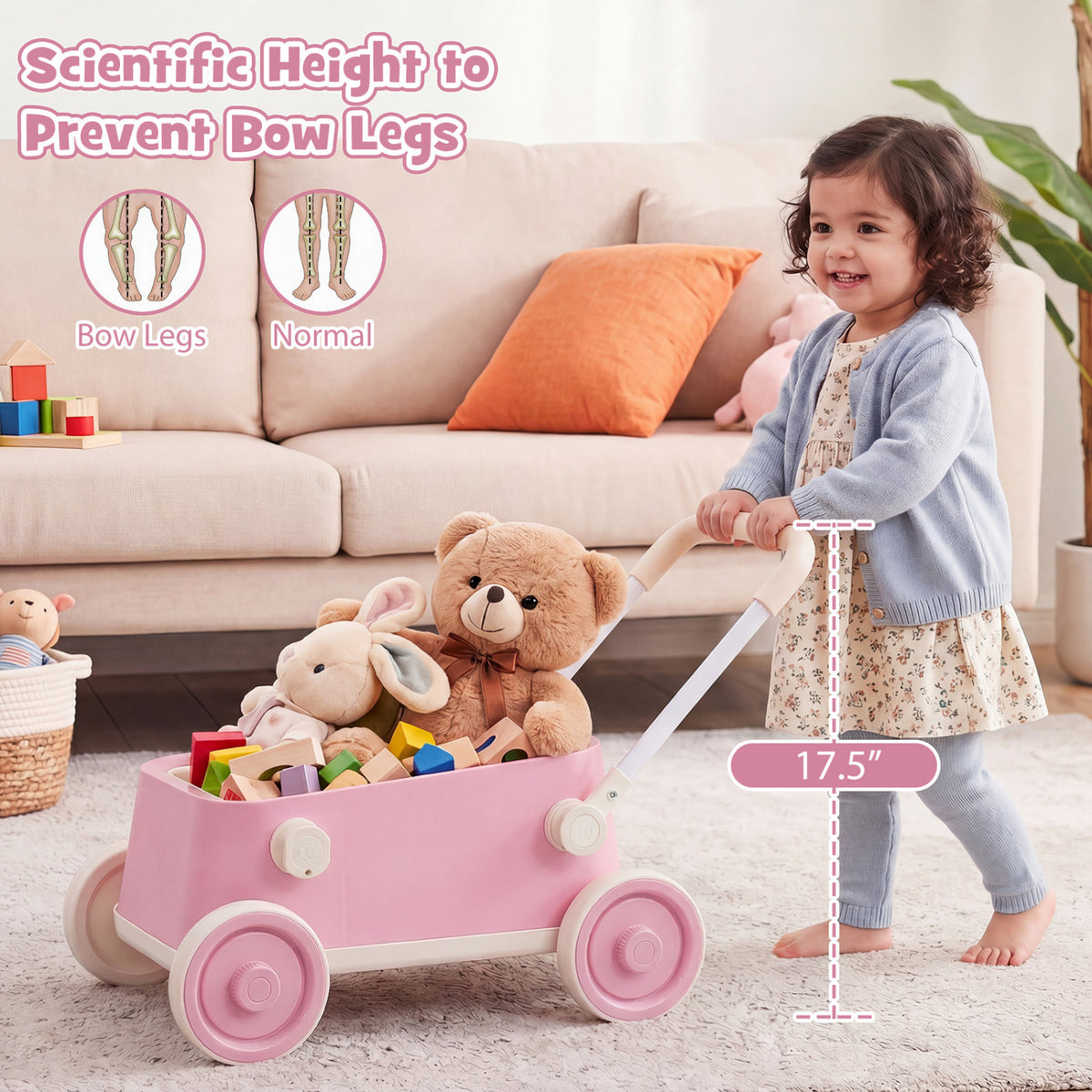 Baby Push Walker with Wheels and Foldable Handlebar and Storage Basket-Pink