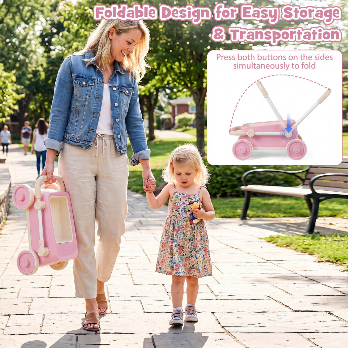 Baby Push Walker with Wheels and Foldable Handlebar and Storage Basket-Pink