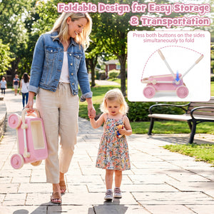 Baby Push Walker with Wheels and Foldable Handlebar and Storage Basket-Pink