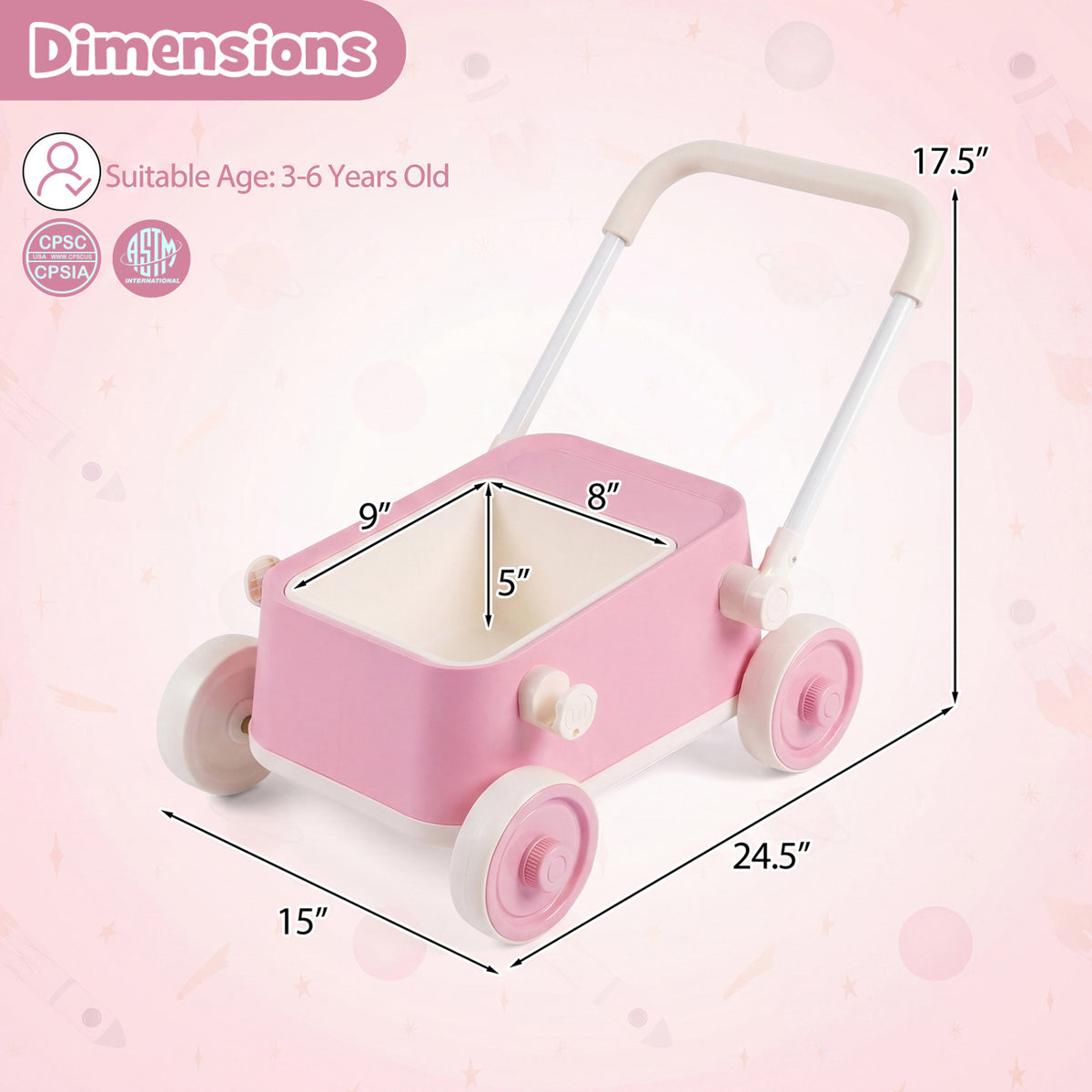 Baby Push Walker with Wheels and Foldable Handlebar and Storage Basket-Pink
