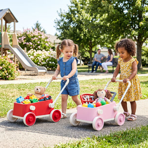 Baby Push Walker with Wheels and Foldable Handlebar and Storage Basket-Red