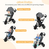 4-in-1 Baby Tricycle Toddler Trike with Reversible Seat and 5-Point Safety Harness-Gray