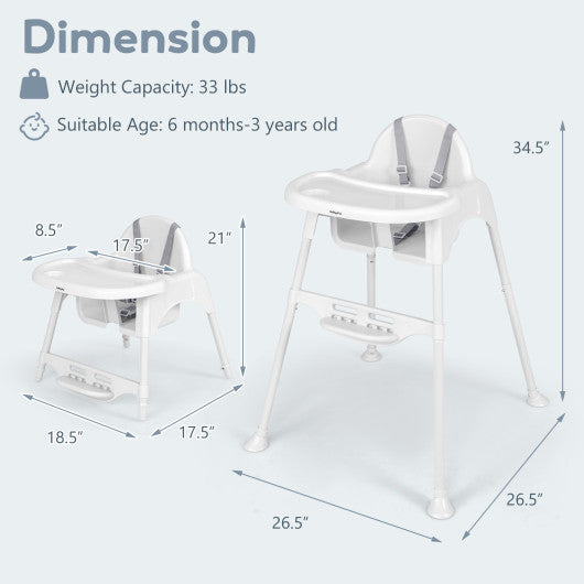 4 in 1 Convertible Kids Dining High Chair with Adjustable Removable Tray and Footrest-White