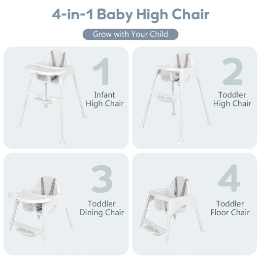 4 in 1 Convertible Kids Dining High Chair with Adjustable Removable Tray and Footrest-White