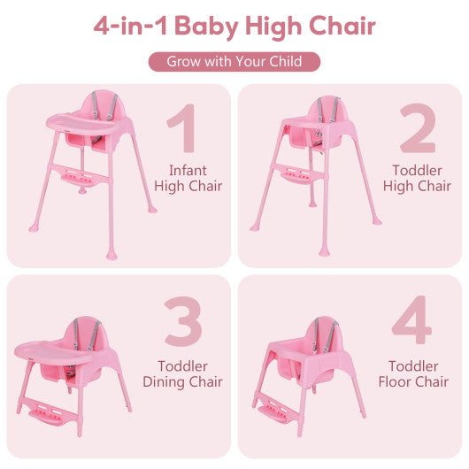 4 in 1 Convertible Kids Dining High Chair with Adjustable Removable Tray and Footrest-Pink