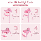 4 in 1 Convertible Kids Dining High Chair with Adjustable Removable Tray and Footrest-Pink
