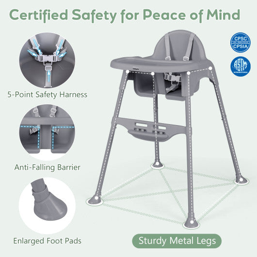 4 in 1 Convertible Kids Dining High Chair with Adjustable Removable Tray and Footrest-Gray