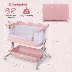 Baby Bassinet Bedside Sleeper with 6-Level Adjustable Height-Pink