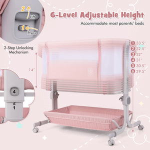 Baby Bassinet Bedside Sleeper with 6-Level Adjustable Height-Pink