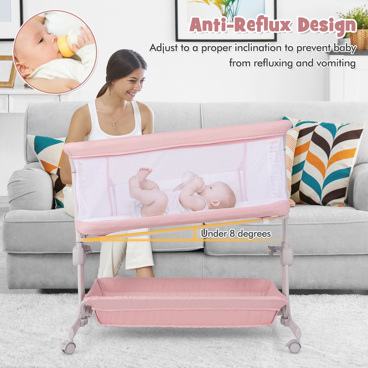 Baby Bassinet Bedside Sleeper with 6-Level Adjustable Height-Pink