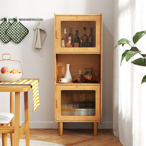 3-Cube Bamboo Storage Cabinet with Open Compartment and 2 Acrylic Doors-Natural