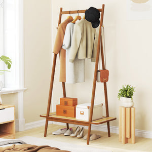 Bamboo Clothes Rack with Hanging Rod Rattan Shelf and Copper Hooks-Brown