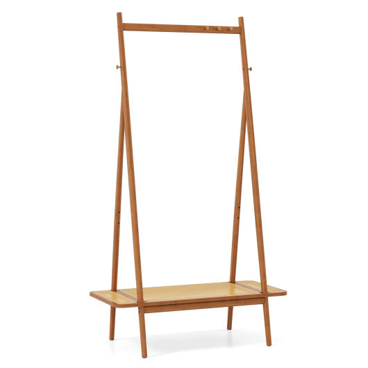 Bamboo Clothes Rack with Hanging Rod Rattan Shelf and Copper Hooks-Brown