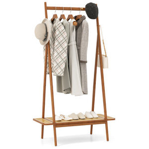 Bamboo Clothes Rack with Hanging Rod Rattan Shelf and Copper Hooks-Brown