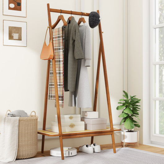 Bamboo Clothes Rack with Hanging Rod Rattan Shelf and Copper Hooks-Brown
