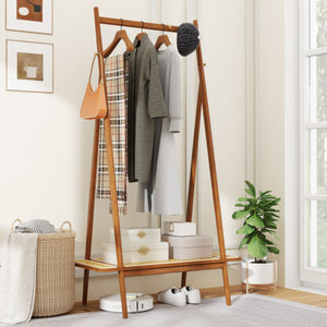Bamboo Clothes Rack with Hanging Rod Rattan Shelf and Copper Hooks-Brown
