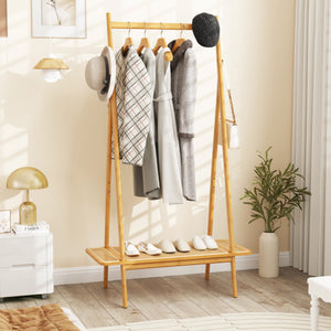 Bamboo Clothes Rack with Hanging Rod Rattan Shelf and Copper Hooks-Natural