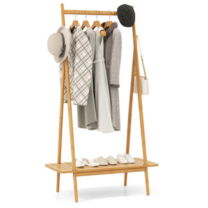 Bamboo Clothes Rack with Hanging Rod Rattan Shelf and Copper Hooks-Natural