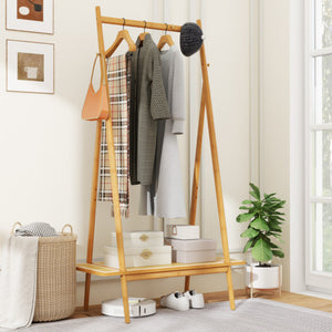 Bamboo Clothes Rack with Hanging Rod Rattan Shelf and Copper Hooks-Natural