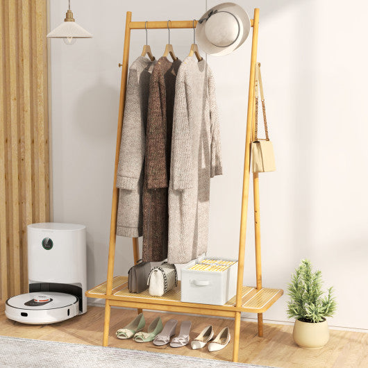 Bamboo Clothes Rack with Hanging Rod Rattan Shelf and Copper Hooks-Natural