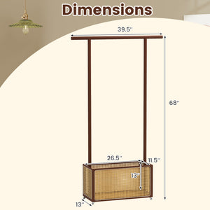 Bamboo Clothes Rack with Rattan Storage Basket and Wheels-Brown