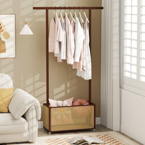 Bamboo Clothes Rack with Rattan Storage Basket and Wheels-Brown