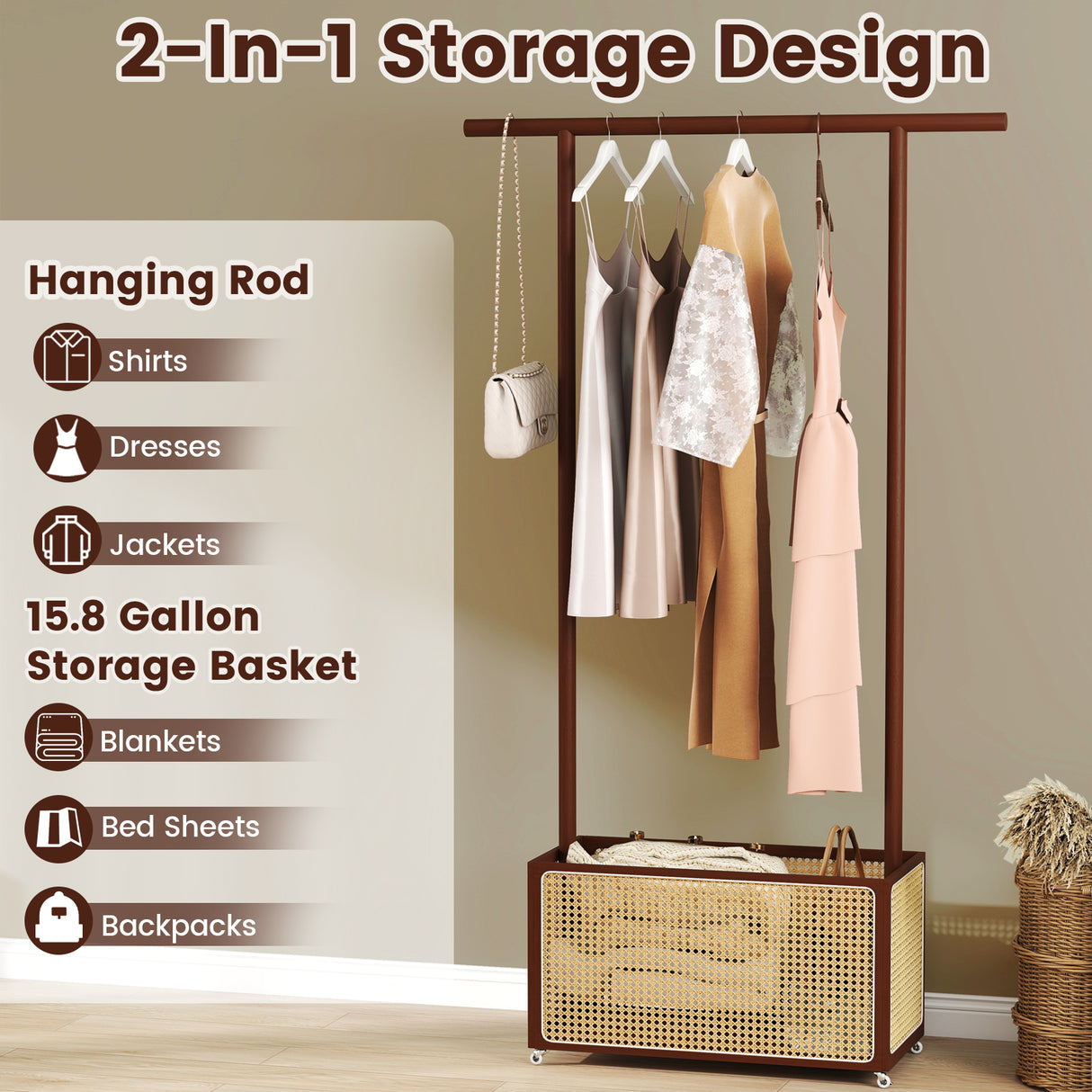 Bamboo Clothes Rack with Rattan Storage Basket and Wheels-Brown