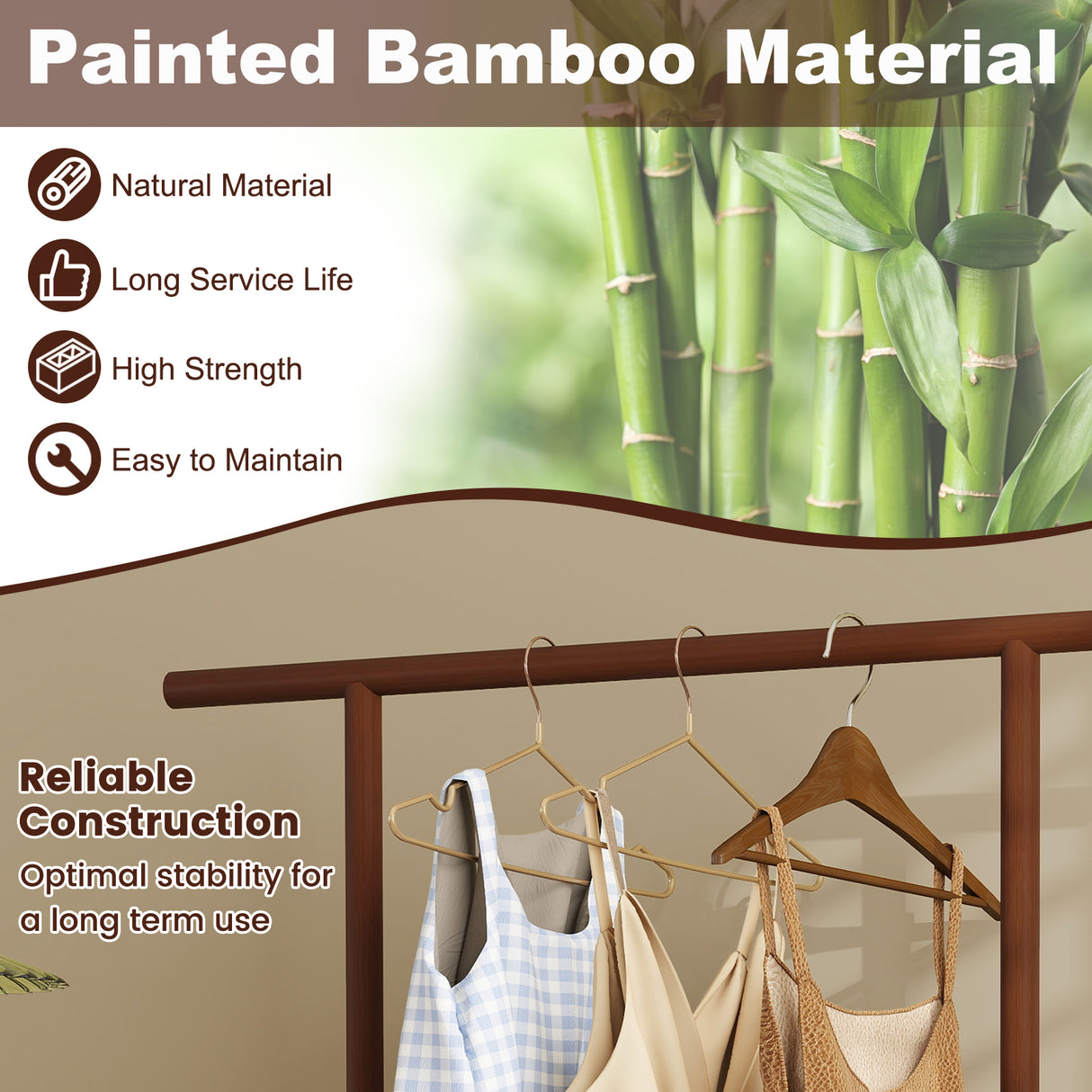 Bamboo Clothes Rack with Rattan Storage Basket and Wheels-Brown