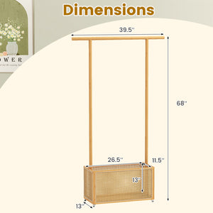Bamboo Clothes Rack with Rattan Storage Basket and Wheels-Natural