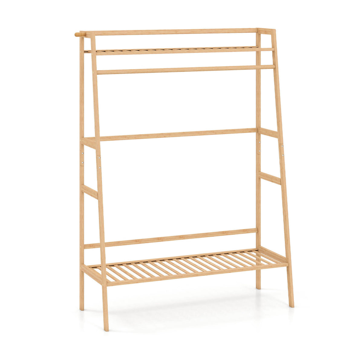 Bamboo Clothing Garment Rack Freestanding Open Wardrobe Organizer with Hanging Rod-Natural