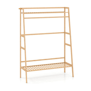 Bamboo Clothing Garment Rack Freestanding Open Wardrobe Organizer with Hanging Rod-Natural