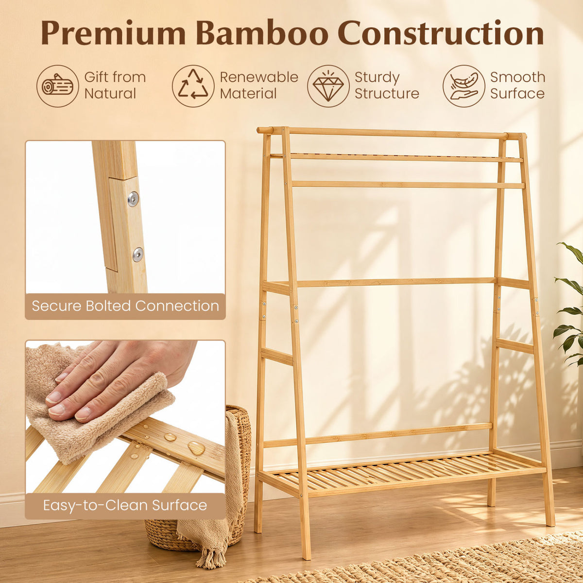 Bamboo Clothing Garment Rack Freestanding Open Wardrobe Organizer with Hanging Rod-Natural