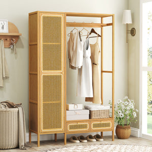 Bamboo Clothing Rack with Cabinet and Drawers and Hanging Rod-Natural