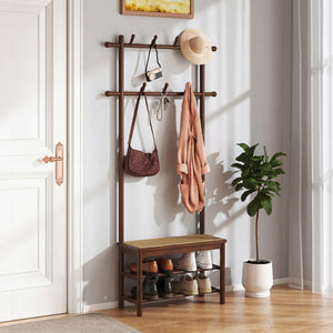 Bamboo Coat Rack PE Rattan Hall Tree with Bench and Shoe Storage 3-In-1 Entryway Bench-Brown
