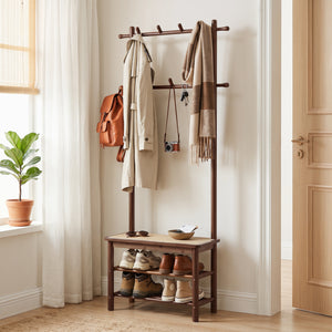Bamboo Coat Rack PE Rattan Hall Tree with Bench and Shoe Storage 3-In-1 Entryway Bench-Brown