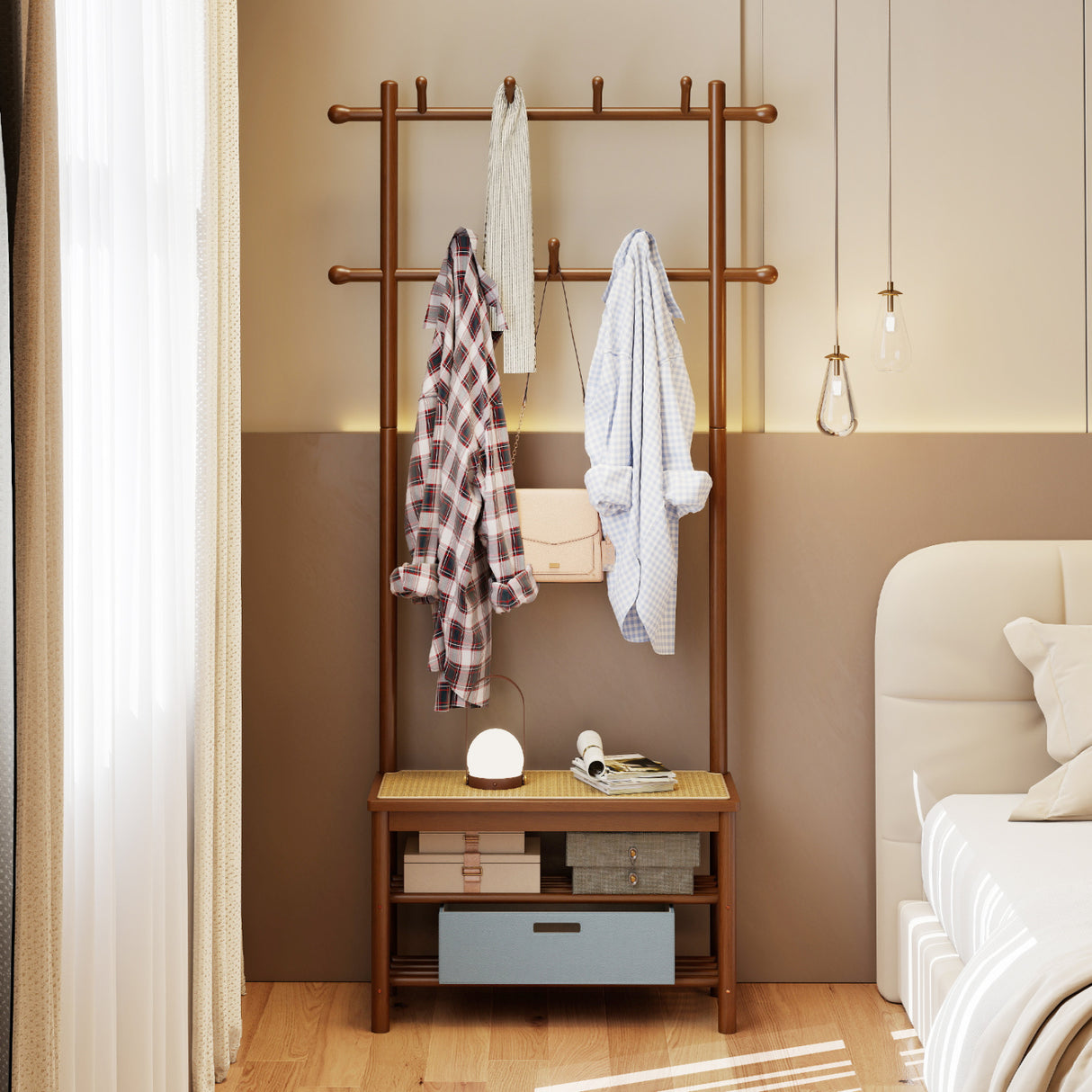 Bamboo Coat Rack PE Rattan Hall Tree with Bench and Shoe Storage 3-In-1 Entryway Bench-Brown