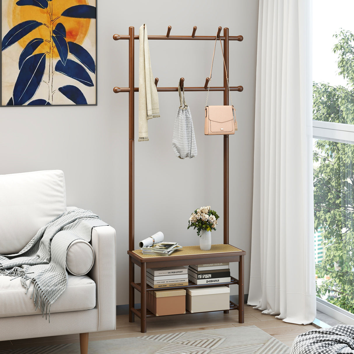 Bamboo Coat Rack PE Rattan Hall Tree with Bench and Shoe Storage 3-In-1 Entryway Bench-Brown