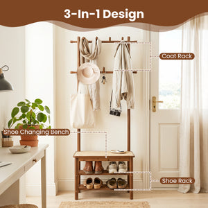 Bamboo Coat Rack PE Rattan Hall Tree with Bench and Shoe Storage 3-In-1 Entryway Bench-Brown