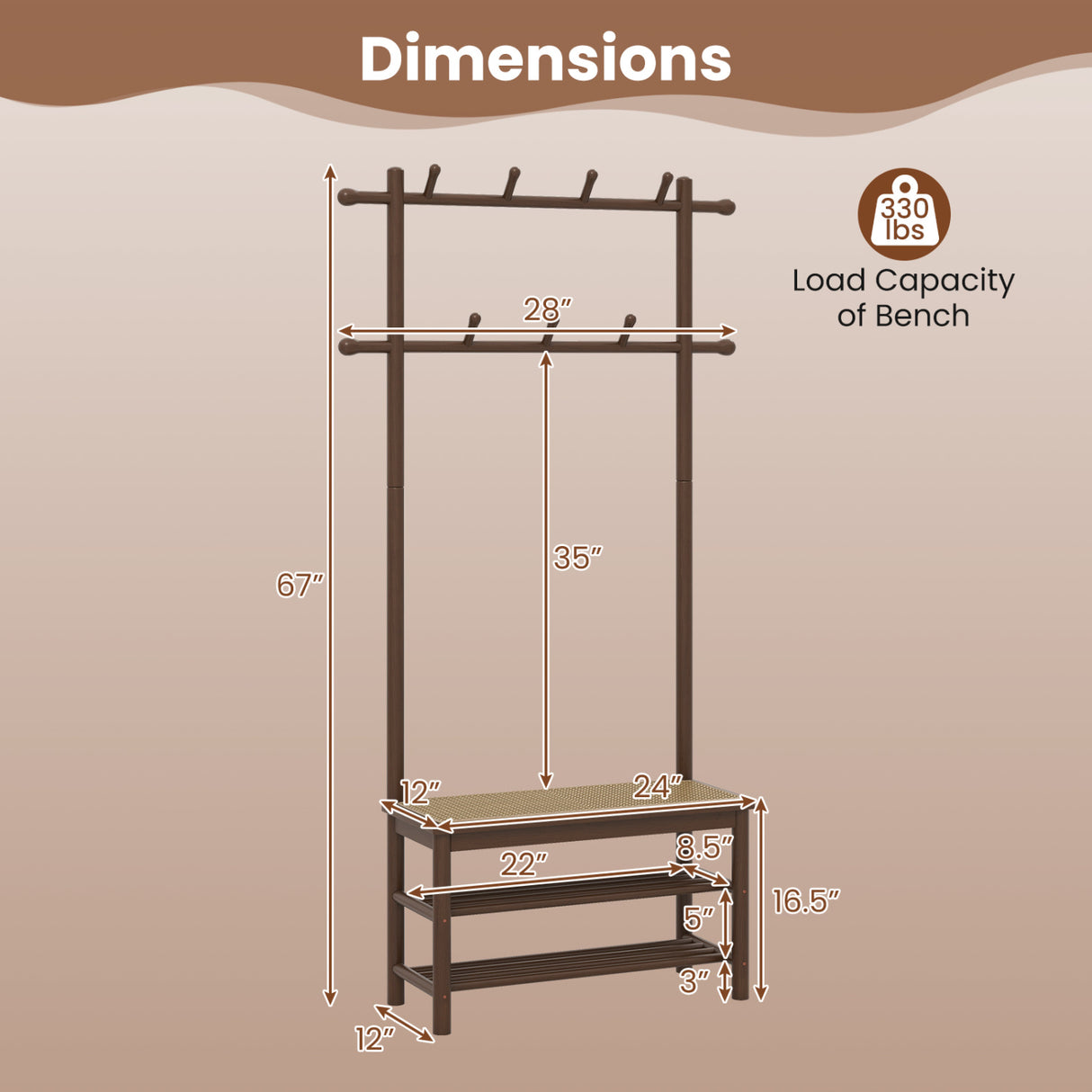 Bamboo Coat Rack PE Rattan Hall Tree with Bench and Shoe Storage 3-In-1 Entryway Bench-Brown