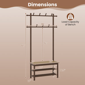 Bamboo Coat Rack PE Rattan Hall Tree with Bench and Shoe Storage 3-In-1 Entryway Bench-Brown