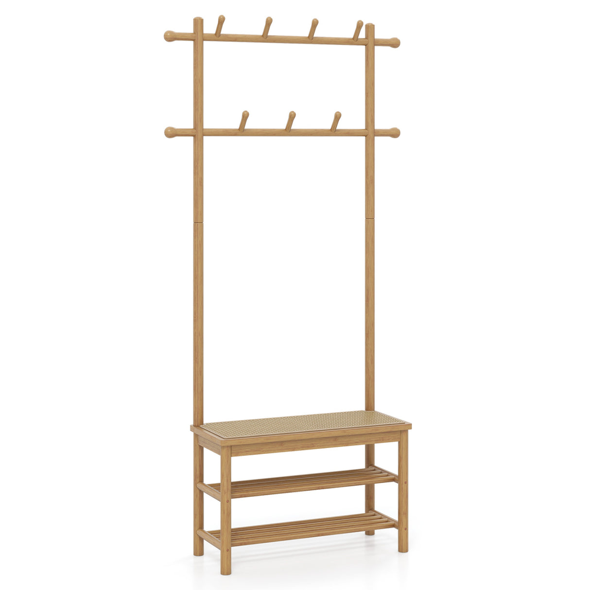 Bamboo Coat Rack PE Rattan Hall Tree with Bench and Shoe Storage 3-In-1 Entryway Bench-Natural