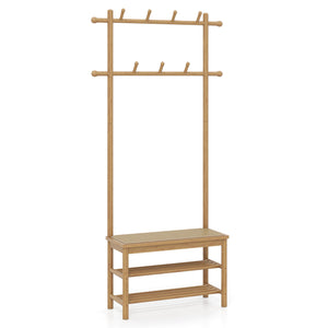 Bamboo Coat Rack PE Rattan Hall Tree with Bench and Shoe Storage 3-In-1 Entryway Bench-Natural