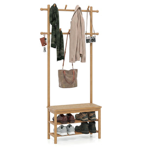 Bamboo Coat Rack PE Rattan Hall Tree with Bench and Shoe Storage 3-In-1 Entryway Bench-Natural