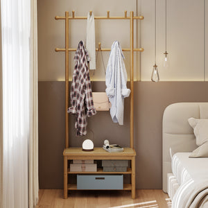 Bamboo Coat Rack PE Rattan Hall Tree with Bench and Shoe Storage 3-In-1 Entryway Bench-Natural