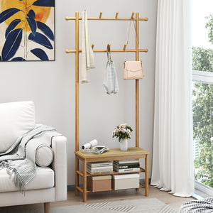 Bamboo Coat Rack PE Rattan Hall Tree with Bench and Shoe Storage 3-In-1 Entryway Bench-Natural