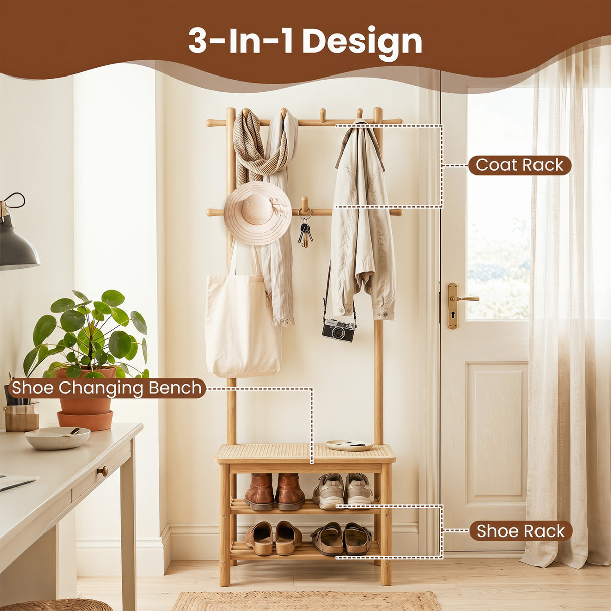 Bamboo Coat Rack PE Rattan Hall Tree with Bench and Shoe Storage 3-In-1 Entryway Bench-Natural