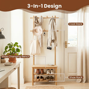 Bamboo Coat Rack PE Rattan Hall Tree with Bench and Shoe Storage 3-In-1 Entryway Bench-Natural